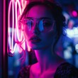 © AnastasiiaCherkas - Beautiful stylish girl  tourist in glasses near colorful neon sign night megalopolis