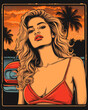 Stylish applique for a T-shirt with the image of a delightful girl with blond hair, against the background of a beach, car, palm trees. retro style