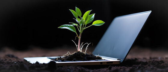 Wall Mural - small plant growing on a laptop - environmental care concept