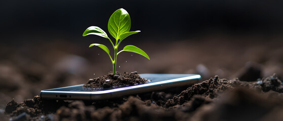 Wall Mural - small plant growing on a phone - environmental care concept