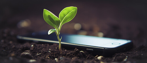 Wall Mural - small plant growing on a phone - environmental care concept