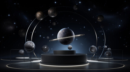 Wall Mural - An empty black podium against the backdrop of dark planet outer space. for product display, Blank showcase, mock up template or cosmetic presentation..