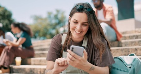 Wall Mural - Happy woman, phone and student scroll at college, social media or reading funny meme at steps. Smartphone, laughing or person in university for joke, comedy or mobile app outdoor with wind at campus