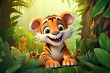 Fototapeta Dziecięca - Cute Cartoon Tiger Character in a Jungle