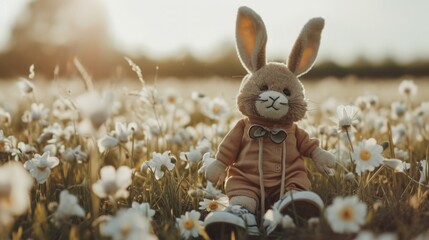 Wall Mural - Bunny Rabbit in flower Field searching for Easter Eggs. AI Generative