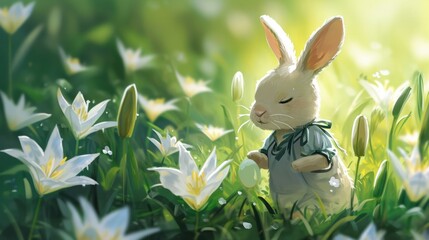 Wall Mural - Bunny Rabbit in flower Field searching for Easter Eggs. AI Generative