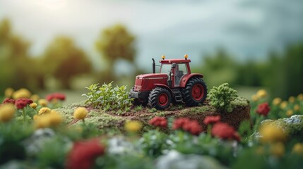 Sticker - Isolated 3d farm with tractor and crops. Farm island, Smart farming concept design.