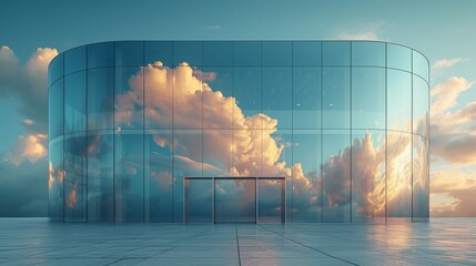 Fototapete - A 3D rendering depicts the cloud reflection in the curve glass office building.