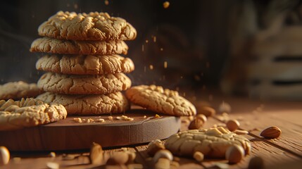 Sticker - Cookies with nuts on a wooden background. Selective focus.