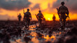 Silhouetted soldiers marching at sunset, ideal for military memorial websites and veteran tribute posts