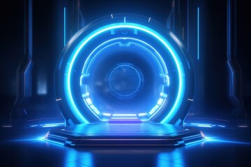 Poster - Podium for displaying products,Blue hologram portal. Magic fantasy portal. Magic circle 