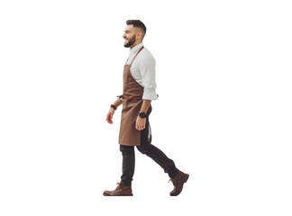 Full body side view smiling happy young man barista barman employee wear brown apron work in coffee shop walking going