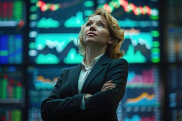 Poster - Portrait professional middle aged businesswoman in suit in stock market 