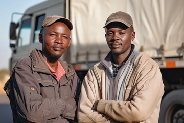 Sticker -  Concept transportation,african truck drivers partners in casual clothes standing 