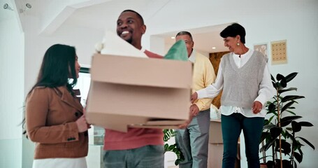 Canvas Print - Family, boxes and moving in with mortgage and achievement with investments and excited. Property, people and smile with senior parents and support with cardboard and home loan with apartment