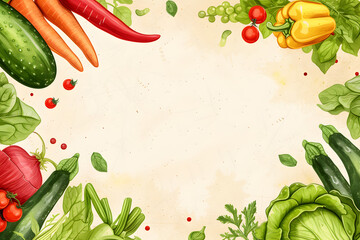 Cute cartoon vegetable frame border on background in watercolor style.