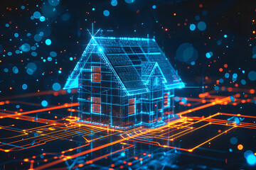 House with futuristic network connection technology big data. Blue neon background.