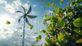 Fototapeta Sypialnia - Windmill with wind power rotating around the wind energy blades consists of leaves and water.