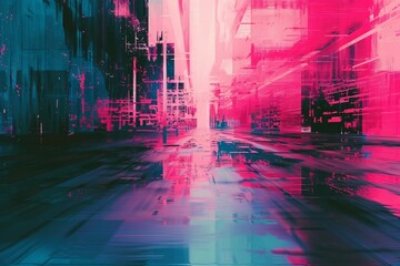 Poster - Abstract digital glitch art background. Futuristic cyberpunk aesthetic. Design for poster, backdrop, wallpaper. Vibrant neon palette