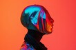 Person wearing a holographic mask on red background. Synthwave, retrowave, vaporwave aesthetics. Retro style, webpunk, retrofuturism. 90s and 2000s era. Fashion and lifestyle. Trendy modern gradient