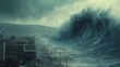 An enormous tsunami wave crashes onto a coastal city, causing widespread destruction.