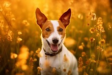Smooth Fox Terrier Dog Sitting In Meadow Field Surrounded By Vibrant Wildflowers And Grass On Sunny Day Ai Generated