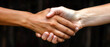 © DRasa - Two multiracial people shaking hands. Business meeting. Great design for any purposes. Dark background. Banner.
