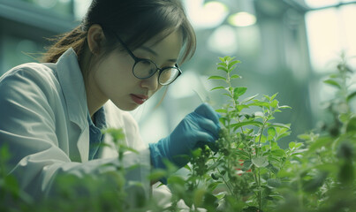 nutritionist checking the sample in the greenhouse. scientist wearing white lab coat control plant in the indoor farm.