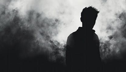 Wall Mural - A silhouette of a man engulfed in darkness, surrounded by smoke and steam, evoking mystery and intrigue.