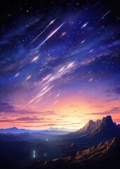 Wall Mural - landscape view on falling stars perseids, clear dark night sky. generative ai.