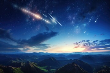 Wall Mural - landscape view on falling stars perseids, clear dark night sky. generative ai.