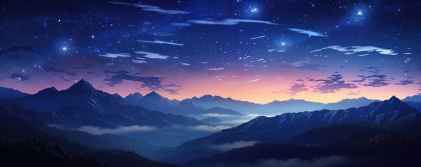 Wall Mural - landscape view on falling stars perseids, clear dark night sky, panorama banner. generative ai.