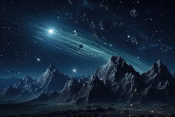 Wall Mural - landscape view on falling stars perseids, clear dark night sky. generative ai.