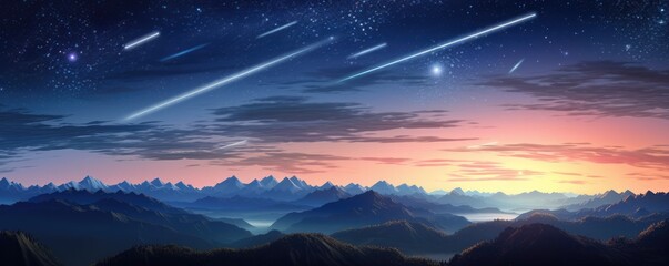 Wall Mural - landscape view on falling stars perseids, clear dark night sky, panorama banner. generative ai.