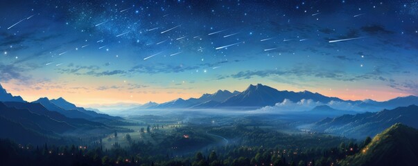 Wall Mural - landscape view on falling stars perseids, clear dark night sky, panorama banner. generative ai.