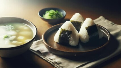 Wall Mural - Background video. Onigiri set meal (rice balls, miso soup, and pickles), traditional Japanese food.