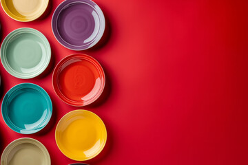 Poster - colorful plates composition on red background. set of color plate. Rainbow dishes. Set of different ceramic plates on red background, top view. A Bright and Cheerful Display of Ceramic Tableware