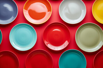 Poster - colorful plates composition on red background. set of color plate. Rainbow dishes. Set of different ceramic plates on red background, top view. A Bright and Cheerful Display of Ceramic Tableware