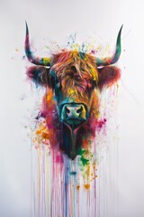 Wall Mural - scottish highlander cow animal holipowder color explosion powder white background