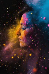 women person people holipowder color explosion powder black background