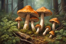 Colorful Orange Wild Mushrooms In The Beautiful Forest Illustration 