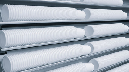 Fototapete - White plastic glasses in a row on a production line as an industrial concept background