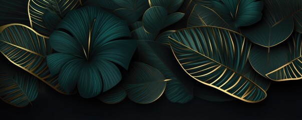 Wallpaper of exotic dark green leaves with different type of shades with gold, panorama. Generative ai.