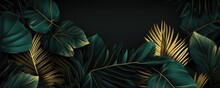 Wallpaper Of Exotic Dark Green Leaves With Different Type Of Shades With Gold, Panorama. Generative Ai.