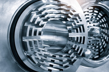 Poster - Metal part of a pharmaceutical grinder pump close-up, Industrial concept background.