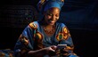 The bright smile of an African woman holding a smartphone suggests happiness and engagement with digital technology.
