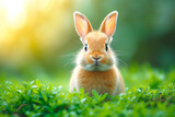Fototapeta Natura - A cute fluffy Easter bunny is sitting on the lawn in the grass.  Ai generative..