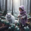 Spring. In a magical forest, a girl and a cat stand in a clearing with snowdrops and admire the flowers. Fantasy