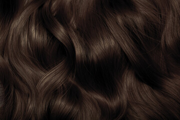 Wall Mural - Brown hair close-up as a background. Women's long brown hair. Beautifully styled wavy shiny curls. Hair coloring. Hairdressing procedures, extension.