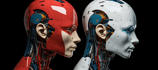 Wall Mural - two humanoid robot heads facing each other, one red, one white, with intricate mechanical details, s